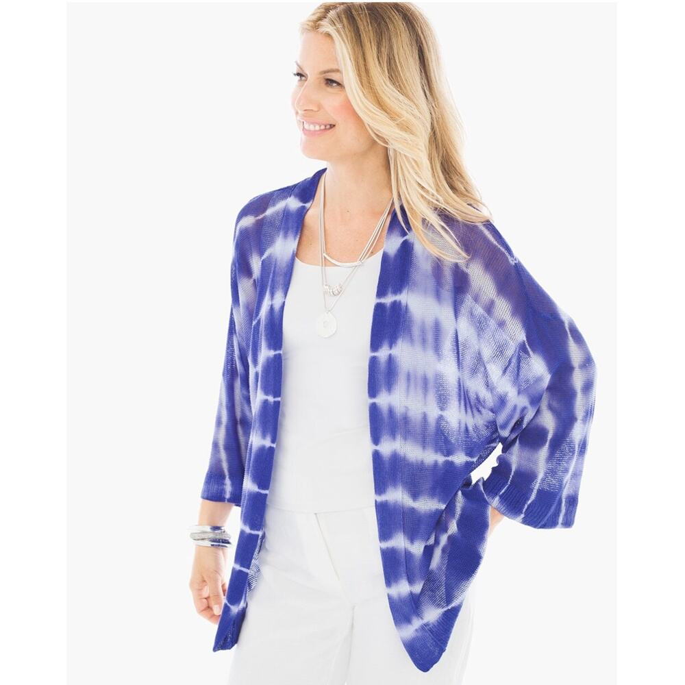 CHICO'S NWT Farida Blue Tie Dye Lightweight 100% Linen Open Cardigan // S